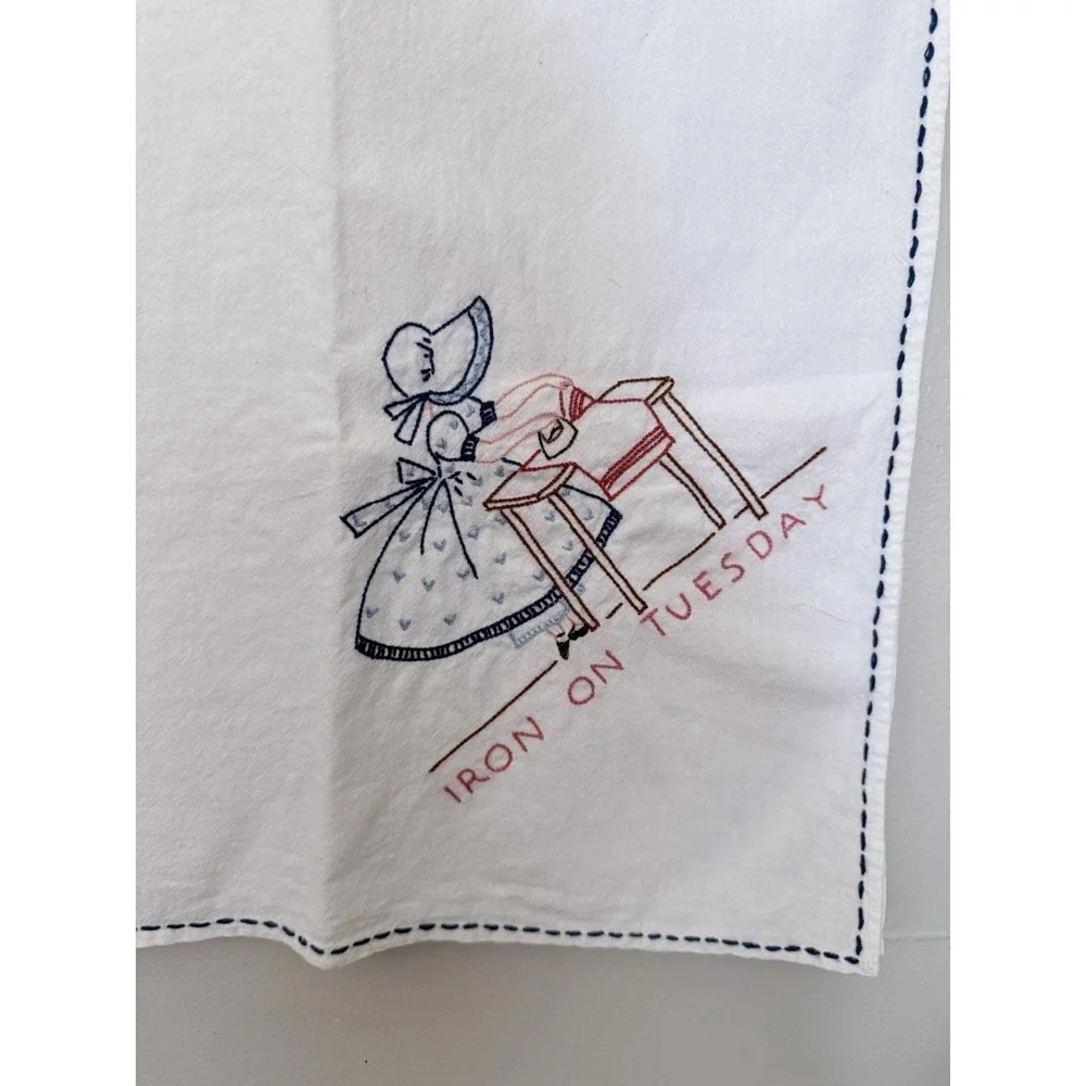 Cottagecore VTG Embroidered Days Of The Week Dish Towel Chores Iron On Tuesday
